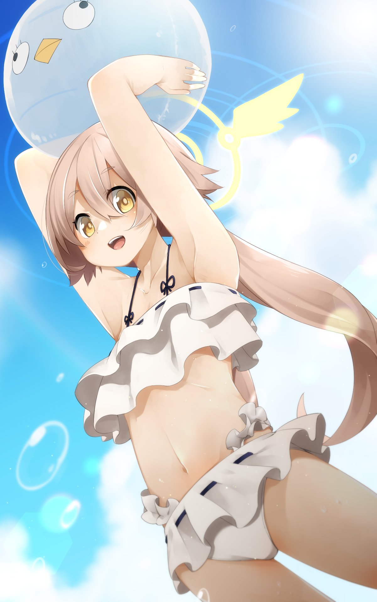 1girl armpits arms_up ball beachball blue_archive breasts cloud commentary_request datemegane halo hifumi_(blue_archive) highres lens_flare light_brown_hair long_hair looking_at_viewer low_twintails navel open_mouth sky small_breasts solo swimsuit twintails