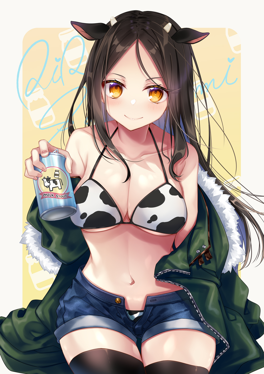 1girl animal_ears animal_print bare_shoulders bikini black_hair black_legwear breasts brown_eyes can closed_mouth clothes_down collarbone cow_ears cow_horns cow_print denim denim_shorts drink fur_trim green_jacket highres holding holding_can horns jacket kusada_souta large_breasts long_hair milk navel no_shirt original shadow shorts simple_background sitting smile solo swimsuit thighhighs unbuttoned_shorts