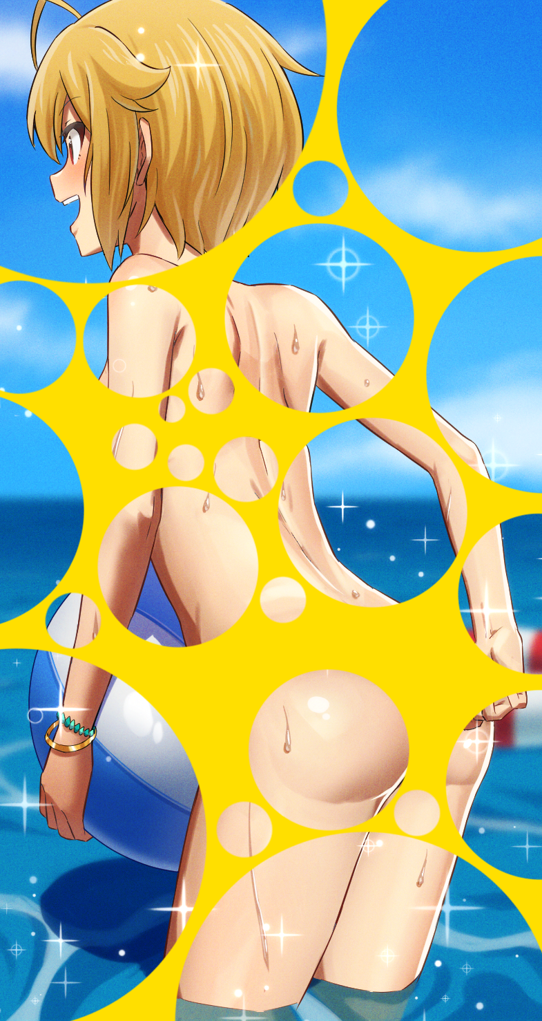 1girl :d ahoge armpit_crease ass back ball bangs beachball blonde_hair blue_background blue_sky bracelet bubble_filter cloud day eyebrows_visible_through_hair from_behind highres horizon ibuki_tsubasa idolmaster idolmaster_million_live! idolmaster_million_live!_theater_days jewelry long_hair nude ocean ogi_non open_mouth outdoors profile short_hair sky smile solo sparkle swimsuit thighs upper_teeth wading water wet