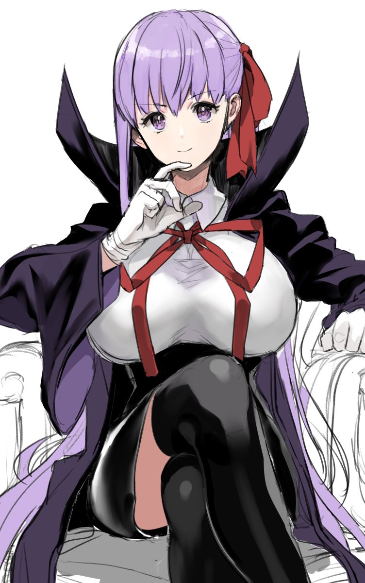 1girl bangs bb_(fate) bb_(fate)_(all) black_coat black_legwear black_skirt blush breasts coat crossed_legs fate/extra fate/extra_ccc fate_(series) gloves hair_ribbon high-waist_skirt highres large_breasts leotard long_hair long_sleeves looking_at_viewer neck_ribbon open_clothes open_coat popped_collar purple_eyes purple_hair red_ribbon ribbon sitting skirt smile solo thighhighs thighs very_long_hair white_gloves white_leotard wide_sleeves ysmmzr