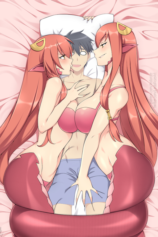 2girls bare_shoulders bed_sheet blank_eyes bra breast_press breasts commentary commission dakimakura_(object) english_commentary hair_between_eyes hair_ornament hair_tubes hairclip jewelry kurusu_kimihito lamia large_breasts light_blush lindaroze long_hair lying maebari mature_female miia's_mother miia_(monster_musume) monster_girl monster_musume_no_iru_nichijou mother_and_daughter multiple_girls on_bed on_side open_mouth pillow pillow_grab pointy_ears red_bra red_hair scales smirk smug symmetrical_docking tail tongue tongue_out underwear yellow_eyes