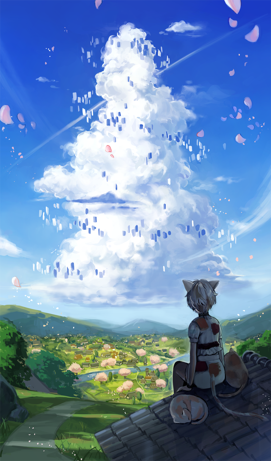 1girl animal animal_ears architecture arm_support banned_artist blue_sky bridge calico cat cat_ears cat_girl cat_tail cherry_blossoms cloud commentary_request crop_top cumulonimbus_cloud day dirt_road east_asian_architecture from_behind goutokuji_mike hajin highres landscape maneki-neko mountain multicolored multicolored_clothes multicolored_hair on_roof outdoors patches path petals puffy_short_sleeves puffy_sleeves river road rock scenery short_hair short_sleeves silver_hair sitting sky solo streaked_hair tail touhou tree village white_hair wide_shot wind