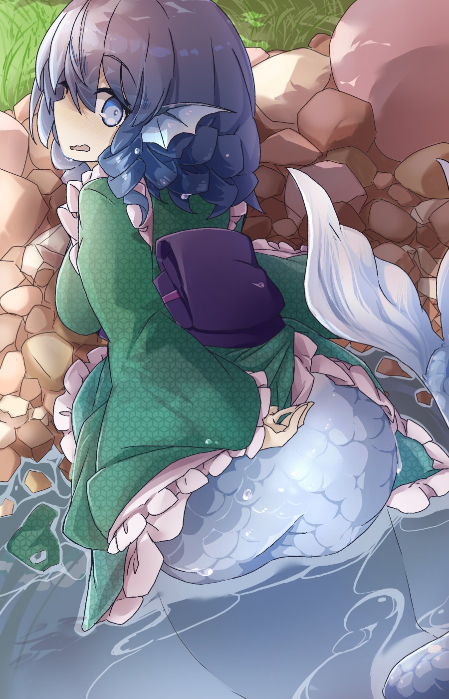 1girl arm_behind_back bangs blue_eyes blue_hair drill_locks eyebrows_visible_through_hair frilled_kimono frills from_behind grass green_kimono head_fins highres japanese_clothes kimono long_sleeves looking_at_viewer mermaid monster_girl open_mouth outdoors purple_sash river sash short_hair solo stone touhou tyouseki wakasagihime wide_sleeves