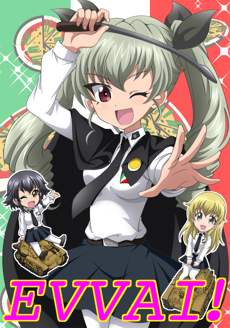 3girls anchovy_(girls_und_panzer) anzio_(emblem) anzio_school_uniform cape carpaccio_(girls_und_panzer) carro_veloce_cv-33 chibi commentary_request cover cover_page doujin_cover dress_shirt drill_hair emblem girls_und_panzer ground_vehicle hair_ribbon hanzou italian_text long_hair long_sleeves looking_at_viewer military military_vehicle motor_vehicle multiple_girls necktie one_eye_closed pepperoni_(girls_und_panzer) pleated_skirt ribbon riding_crop school_uniform semovente_75/18 shirt short_hair skirt sparkle standing tank twin_drills twintails wing_collar