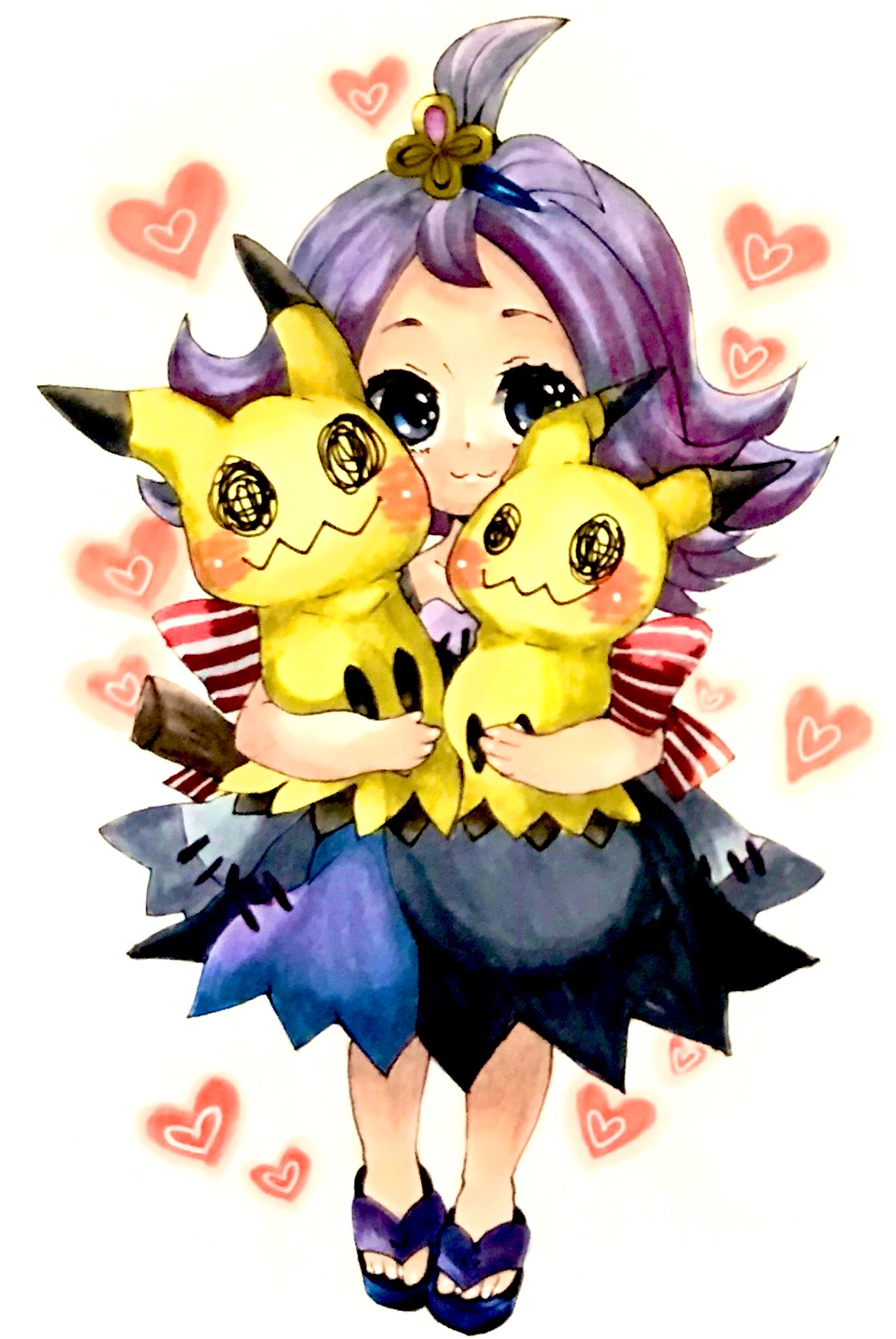 1girl :3 acerola_(pokemon) ahoge back_bow black_dress black_eyes blue_eyes blush_stickers bow child closed_mouth collarbone commentary dress full_body gen_7_pokemon hair_ornament happy heart heart_background highres holding holding_pokemon looking_at_viewer marker_(medium) mimikyu mofuo pokemon pokemon_(creature) pokemon_(game) pokemon_sm purple_footwear purple_hair red_bow sandals short_hair simple_background smile standing striped striped_bow traditional_media trial_captain wavy_mouth white_background