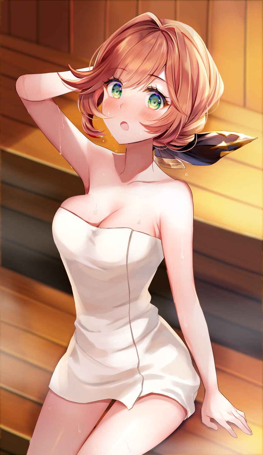 1girl aoi_(kirabosi105) arm_support armpit_crease armpits black_ribbon blush bow breasts character_request clarisse_(granblue_fantasy) cleavage granblue_fantasy hair_bow hand_in_hair highres looking_at_viewer medium_breasts naked_towel open_mouth ribbon saunders_military_uniform short_hair solo steam sweat thighs towel