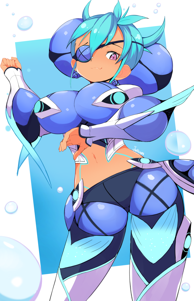 1girl blue_hair breasts bubble eyepatch highres jellcaps large_breasts navel praxis_(xenoblade) purple_eyes short_hair solo water xenoblade_chronicles_(series) xenoblade_chronicles_2