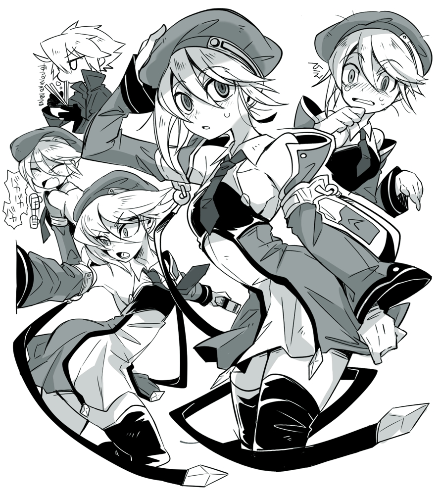 1girl armpits backless_outfit bare_shoulders beret blazblue blonde_hair blush chibi chibi_inset collage cup_ramen detached_sleeves expressions gloves green_eyes greyscale hat mako_gai monochrome necktie nervous noel_vermillion ragna_the_bloodedge scared short_hair thighhighs