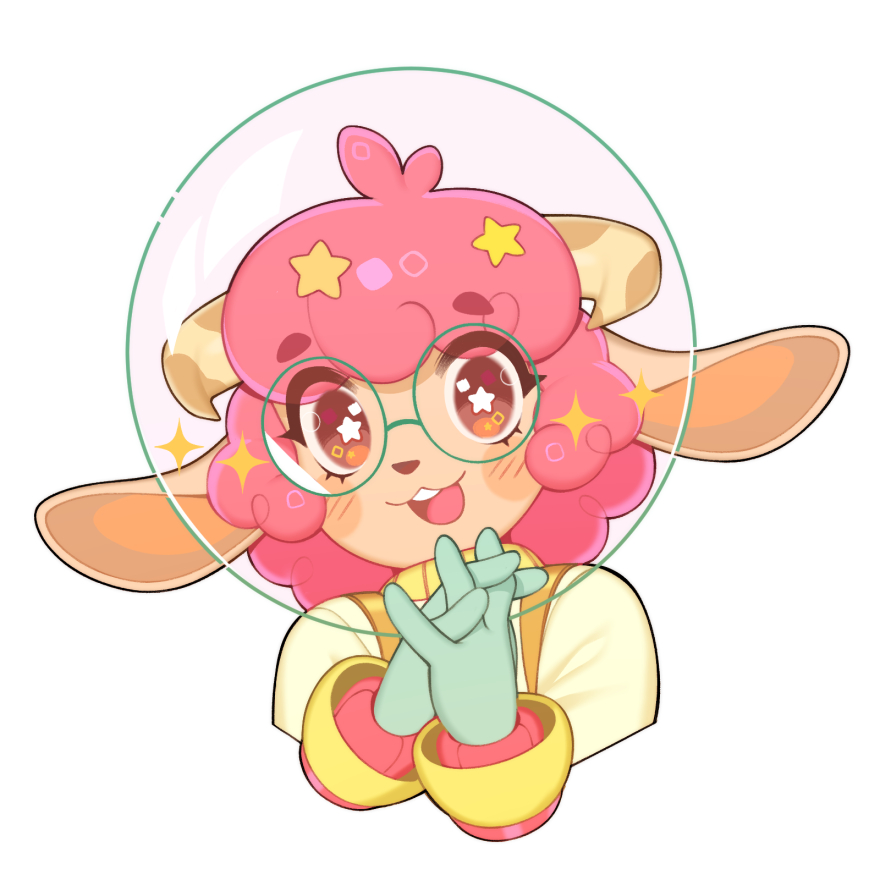 1girl animal_ears astronaut blush blush_stickers commission cropped_arms cropped_torso curled_horns english_commentary fishbowl_helmet glasses hair_ornament halphelt horns interlocked_fingers open_mouth orange_eyes original own_hands_together pink_hair sheep_ears sheep_girl sheep_horns simple_background smile solo space_helmet spacesuit star-shaped_pupils star_(symbol) star_hair_ornament symbol-shaped_pupils upper_body upper_teeth white_background wool