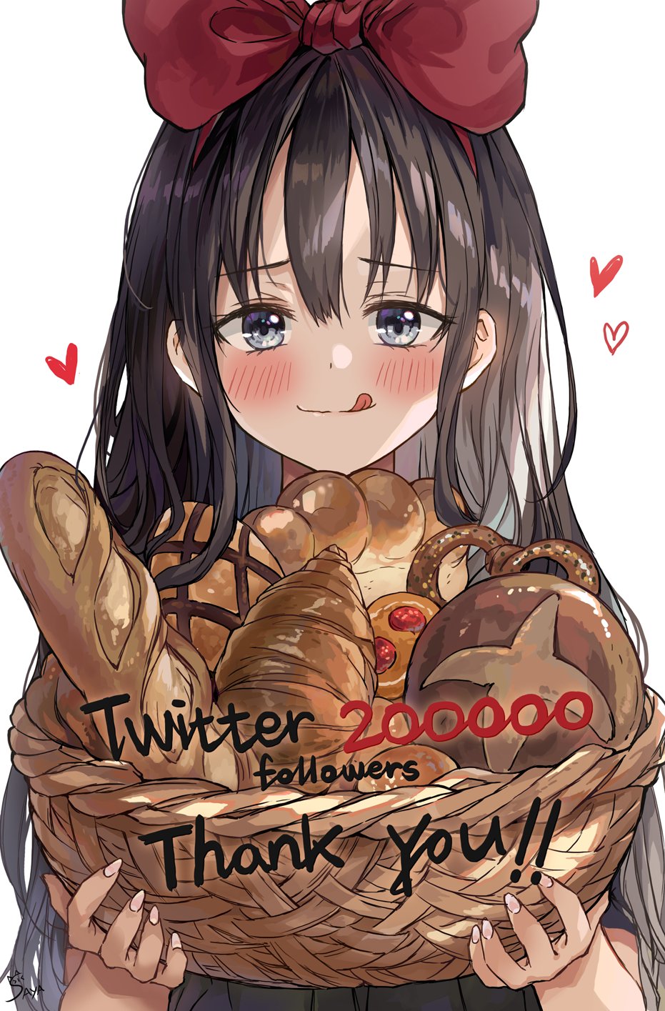 1girl :q baguette bangs basket black_hair blush bow bread closed_mouth commentary_request croissant english_text eyebrows_visible_through_hair food grey_eyes hair_bow heart highres holding holding_basket kiki korean_commentary long_hair looking_at_viewer majo_no_takkyuubin milestone_celebration mixed-language_commentary pretzel red_bow saya_(mychristian2) signature simple_background solo tongue tongue_out upper_body white_background
