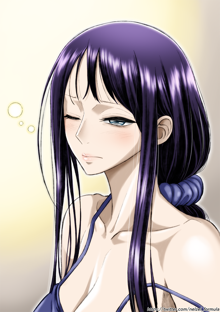 1girl blue_eyes blush breasts camisole cleavage closed_mouth collarbone commentary gradient gradient_background grey_background half-closed_eye lips long_hair nel-zel_formula nico_robin one_eye_closed one_piece ponytail portrait purple_hair scrunchie sidelocks simple_background sleepy solo spaghetti_strap straight_hair strap_slip watermark web_address white_background