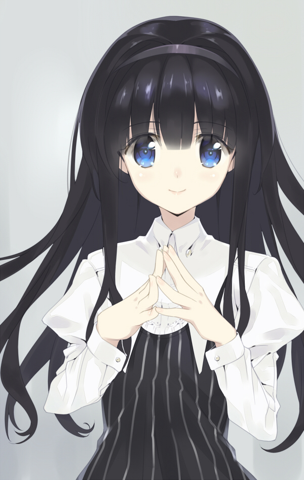 1girl bangs black_hair black_hairband blue_eyes buttons dress eyebrows_visible_through_hair grey_background hairband hands_together juliet_sleeves long_hair long_sleeves looking_at_viewer original puffy_sleeves sasaki_mutsumi shirt simple_background smile striped striped_dress upper_body white_shirt