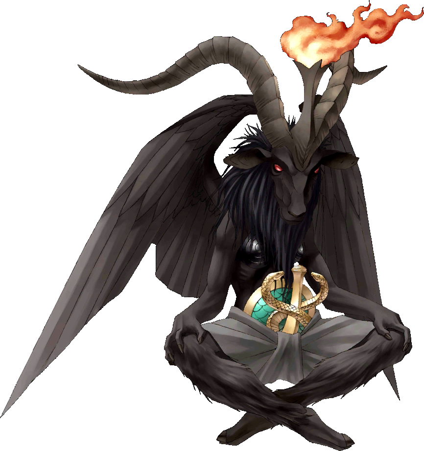 animal_ears baphomet demon feathered_wings fire full_body goat_ears goat_horns hands_on_own_knees hooves horns kazuma_kaneko official_art photoshop_(medium) red_eyes shin_megami_tensei solo third-party_source transparent_background wings