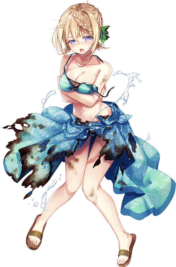 1girl aqua_bikini arms_under_breasts bare_legs bikini blonde_hair braid braided_bun breast_hold breasts burnt_clothes collarbone full_body kantai_collection kusada_souta large_breasts official_art open_mouth perth_(kancolle) purple_eyes sandals sarong striped striped_bikini swimsuit torn_clothes transparent_background water
