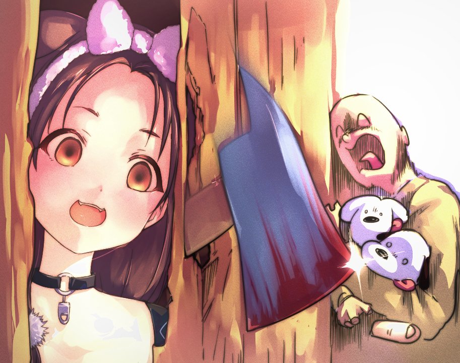 1girl :3 animal_ears axe blood bloody_weapon bow breaking breaking_and_entering broken_door brown_eyes brown_hair choker commentary_request crazy_eyes crazy_smile dog_ears dog_girl door empty_eyes eyebrows forehead futo-inu here's_johnny! hololive horror_(theme) hoso-inu ikayaki_(artist) inugami_korone listener_(inugami_korone) meme open_mouth parody pink_bow pom_pom_(clothes) screaming severed_finger the_shining virtual_youtuber weapon