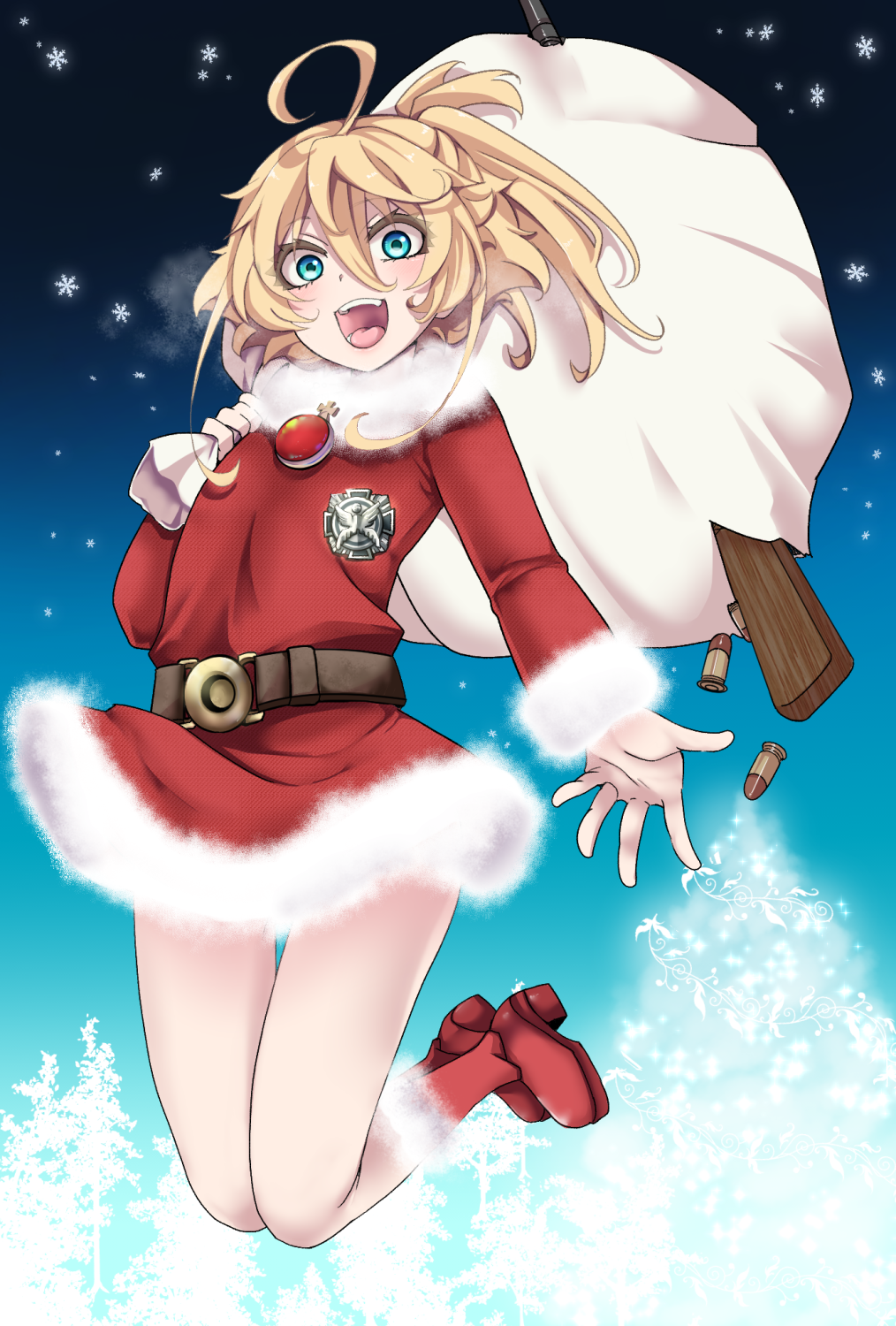 1girl blonde_hair blue_eyes boots bullet christmas gun hal_(goshujinomocha) highres jumping medal medallion night night_sky sack santa_boots santa_costume sky snow tanya tanya_degurechaff thighs torn_bag weapon winter youjo_senki