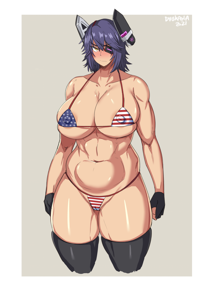 1girl alternate_costume american_flag_bikini areolae bikini black_gloves black_legwear breasts collarbone covered_nipples duo_kawa eyepatch fingerless_gloves flag_print gloves headgear huge_breasts kantai_collection navel purple_hair short_hair solo swimsuit tenryuu_(kancolle) thighhighs yellow_eyes