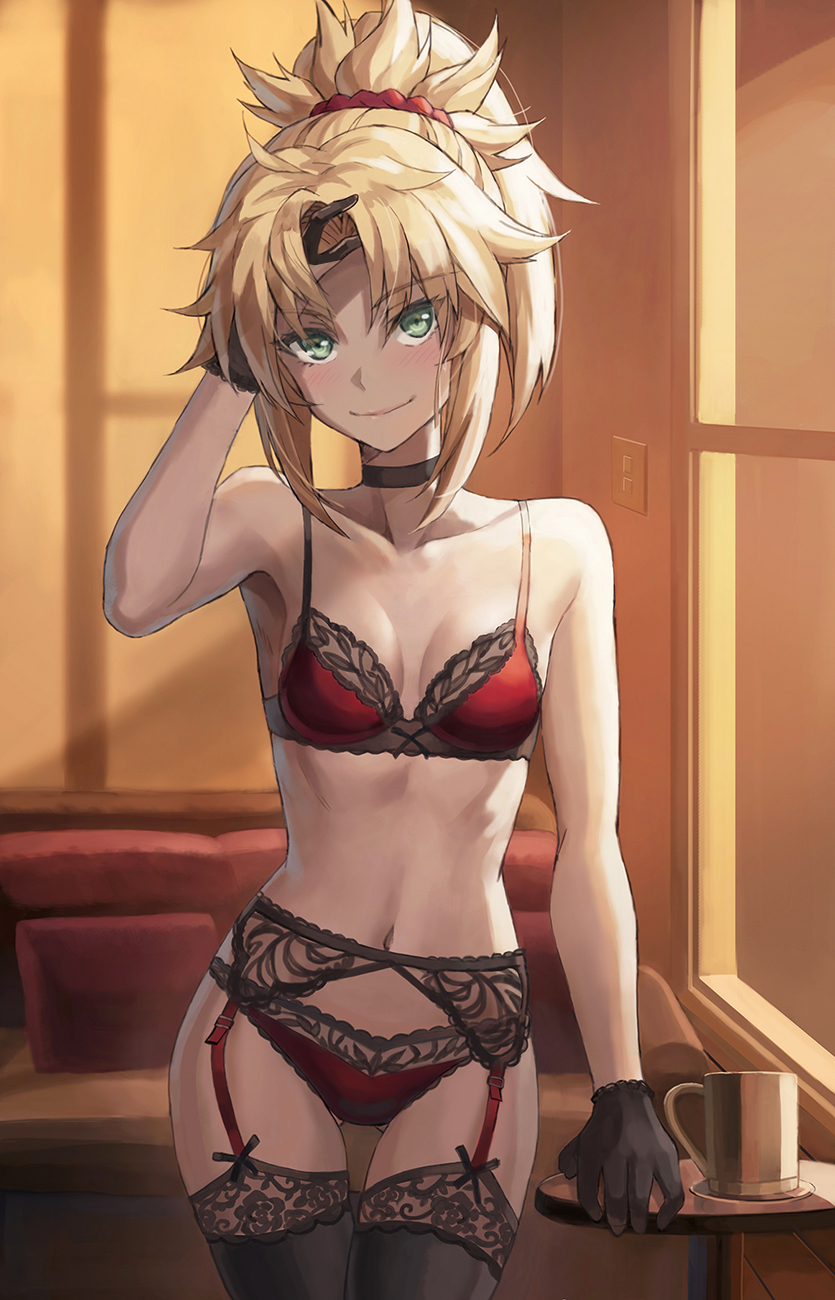 1girl bangs bare_shoulders blonde_hair bra breasts closed_mouth collarbone denim fate/apocrypha fate_(series) green_eyes hair_ornament hair_scrunchie highres long_hair looking_at_viewer mordred_(fate) mordred_(fate)_(all) navel panties parted_bangs ponytail red_bra red_panties red_scrunchie scrunchie sidelocks small_breasts smile solo tonee underwear
