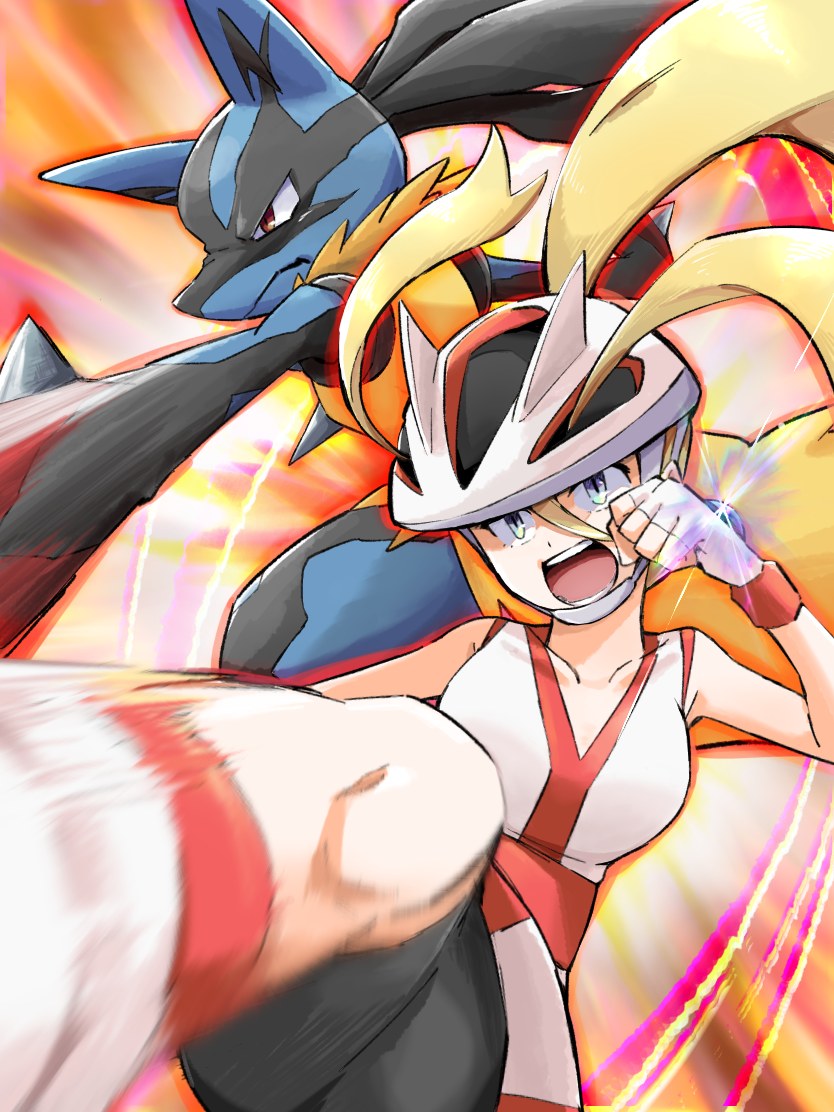 1girl ayo_(ayosanri009) bangs bicycle_helmet bike_shorts blonde_hair blue_eyes breasts collarbone commentary_request fingerless_gloves floating_hair gen_4_pokemon gloves gym_leader hair_between_eyes hand_up helmet korrina_(pokemon) long_hair lucario mega_lucario mega_pokemon open_mouth pokemon pokemon_(anime) pokemon_(creature) pokemon_xy_(anime) ponytail teeth tongue white_gloves