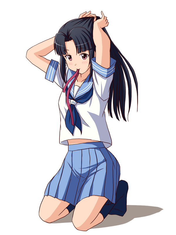 1girl arms_up bangs black_hair black_legwear blouse blue_neckwear blue_sailor_collar blue_skirt brown_eyes commentary_request hair_ribbon idolmaster idolmaster_cinderella_girls kneeling lielos long_hair looking_at_viewer midriff_peek miniskirt mizuno_midori mouth_hold parted_bangs pleated_skirt red_ribbon ribbon ribbon_in_mouth sailor_collar school_uniform serafuku shadow short_sleeves simple_background skirt socks solo tying_hair white_background white_blouse