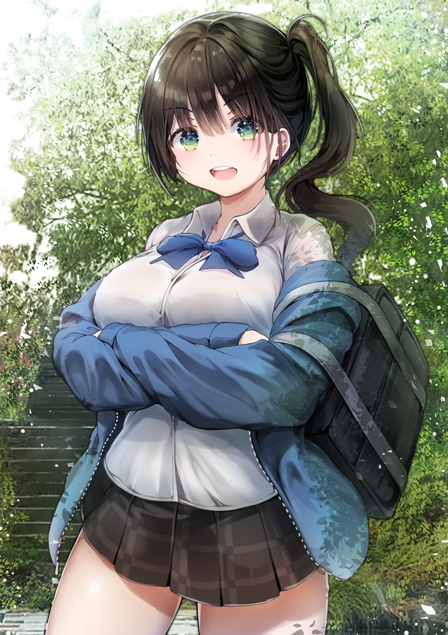 1girl arms_under_breasts bag bangs black_hair black_skirt blue_bow blue_jacket blue_neckwear blush bow bowtie breasts collared_shirt commentary_request cowboy_shot crossed_arms eyebrows_visible_through_hair green_eyes hair_between_eyes highres hiromaster_sinta_jh jacket large_breasts long_hair long_sleeves looking_at_viewer off_shoulder open_clothes open_jacket open_mouth original outdoors plaid plaid_skirt pleated_skirt round_teeth school_uniform shirt side_ponytail skirt smile solo stairs standing teeth tree upper_teeth white_shirt