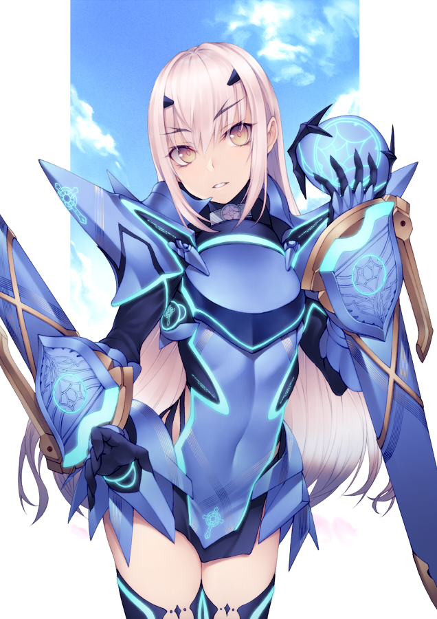 1girl armor armored_dress banned_artist blue_armor blue_dress blue_legwear blue_sky breastplate breasts brown_eyes dress fate/grand_order fate_(series) faulds kyoeiki lancelot_(fairy_knight)_(fate) long_hair looking_at_viewer mask pauldrons short_dress shoulder_armor sidelocks sky small_breasts solo thighs weapon white_hair