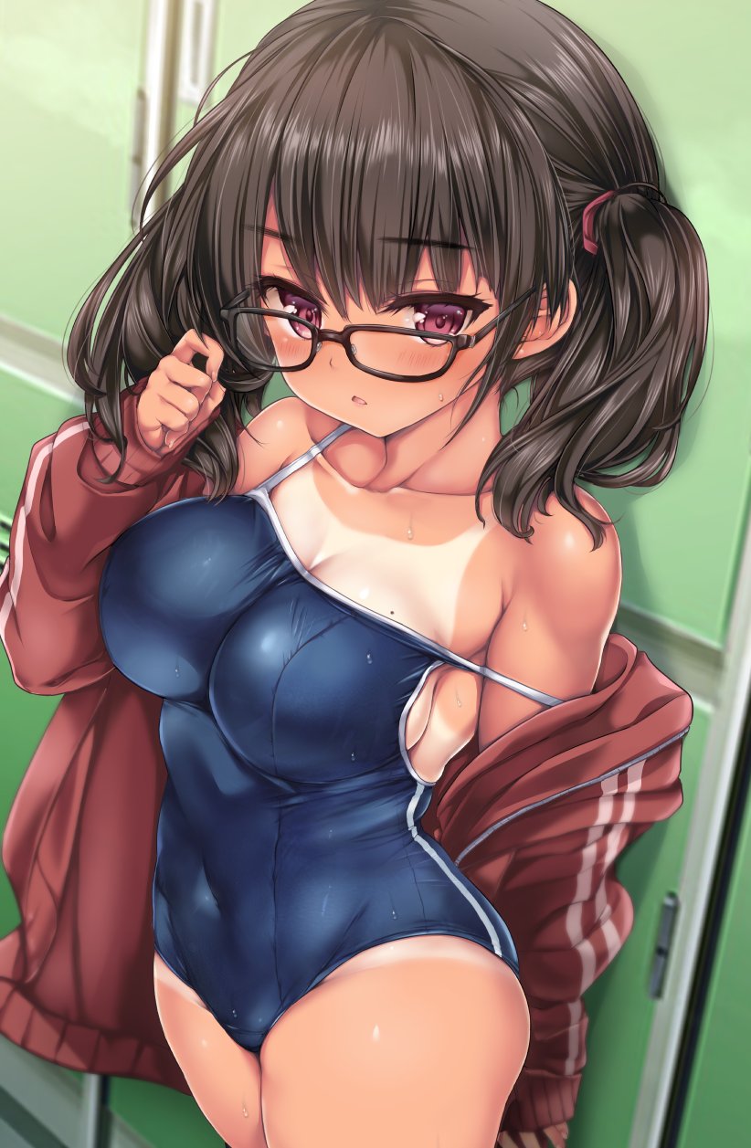 1girl black-framed_eyewear black_hair blue_swimsuit breasts commentary_request competition_school_swimsuit cowboy_shot glasses highres jacket large_breasts locker long_hair mole mole_on_breast nijimoto_hirok open_clothes open_jacket original red_eyes red_jacket school_swimsuit solo standing swimsuit tan tanlines track_jacket