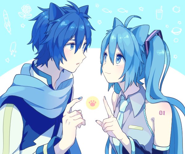 1boy 1girl akiyoshi_(tama-pete) animal_ears bangs bare_shoulders blue_background blue_eyes blue_hair blue_nails blue_neckwear blue_scarf blue_theme cat_ears close-up closed_mouth coat collared_shirt detached_sleeves eye_contact eyelashes face-to-face fingernails grey_shirt hair_between_eyes hand_up hatsune_miku high_collar index_finger_raised kaito_(vocaloid) kemonomimi_mode long_hair looking_at_another necktie number_tattoo pale_skin parted_lips scarf shiny shiny_skin shirt shoulder_tattoo simple_background sleeveless sleeveless_shirt smile tareme tattoo twintails two-tone_background upper_body very_long_hair vocaloid white_background white_coat