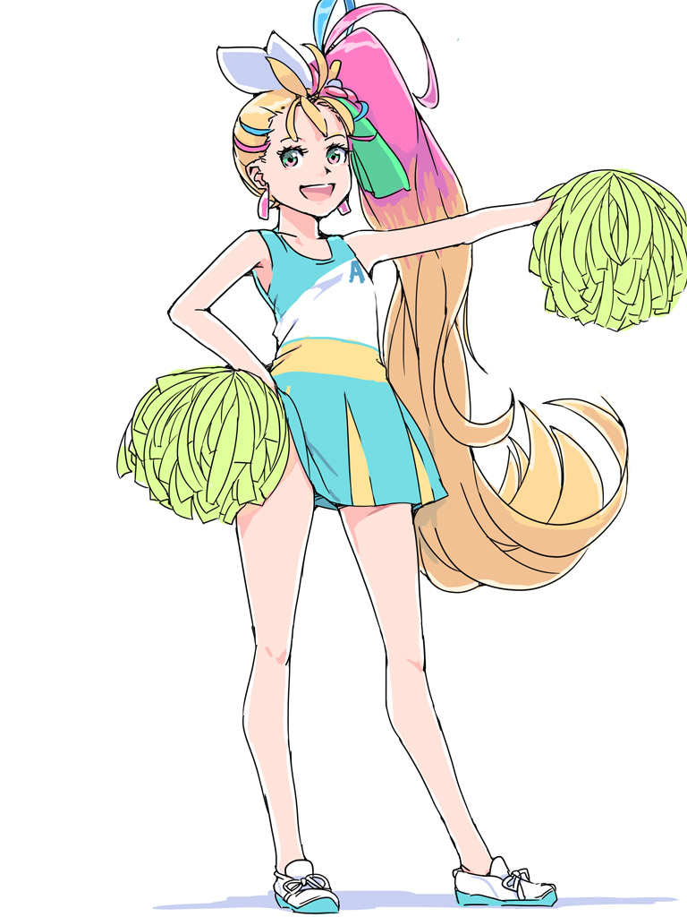 1girl :d akinbo_(hyouka_fuyou) blonde_hair bow brown_eyes cheerleader cure_summer dress earrings floating_hair full_body gradient_hair hair_bow hand_on_hip high_ponytail holding jewelry long_hair multicolored_hair open_mouth pink_hair pleated_dress pom_pom_(cheerleading) precure shiny shiny_hair short_dress side_ponytail simple_background sleeveless sleeveless_dress smile solo standing streaked_hair tropical-rouge!_precure very_long_hair white_background white_bow white_footwear