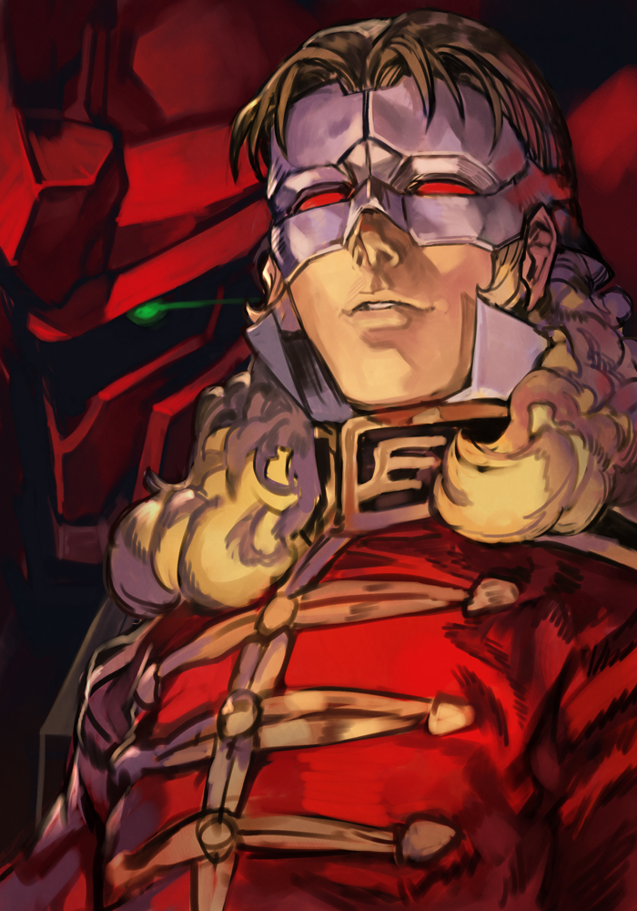 1boy blonde_hair full_frontal glowing glowing_eye gundam gundam_unicorn hungry_clicker lips mask mecha medium_hair red_uniform sinanju traditional_media uniform zeon