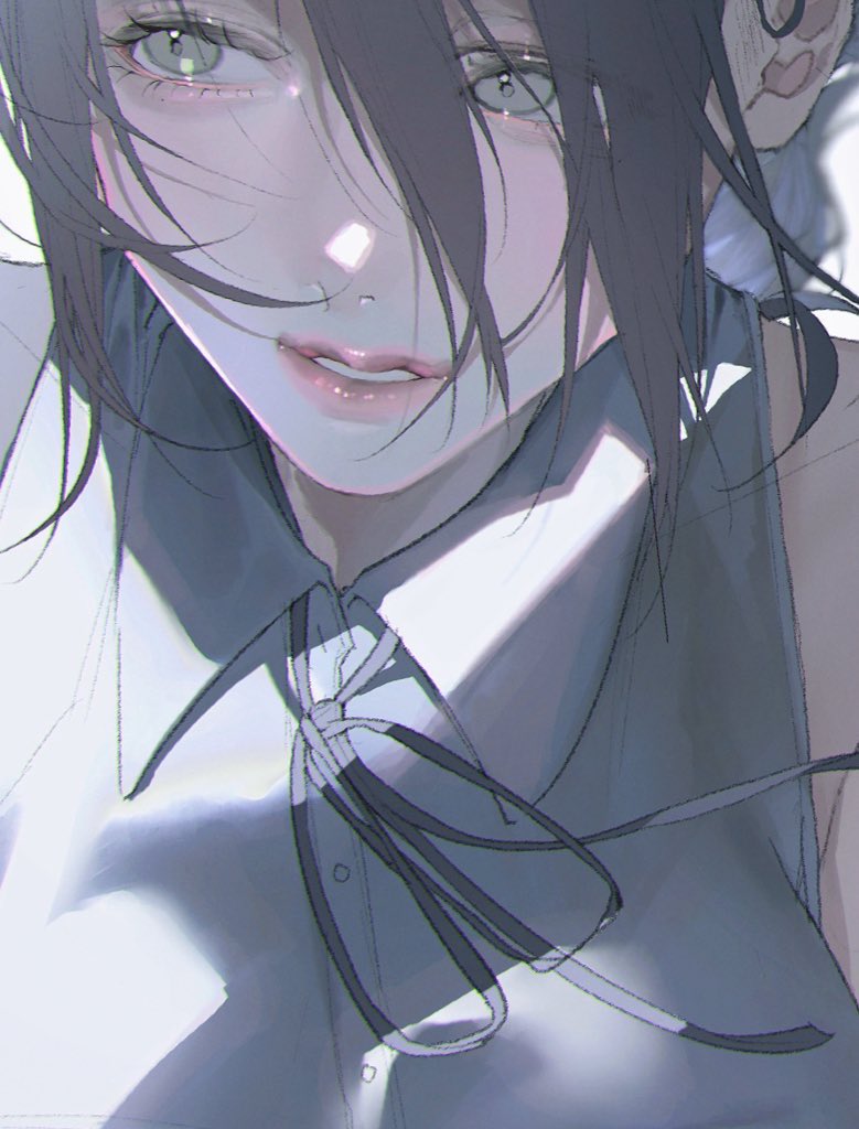 1girl black_hair breasts buttons chainsaw_man ears green_eyes head light_smile lips medium_breasts nose pink_lips plqy_er portrait reze_(chainsaw_man) shade shaded_face shadow shirt sleeveless solo teeth tied_hair white_background white_shirt
