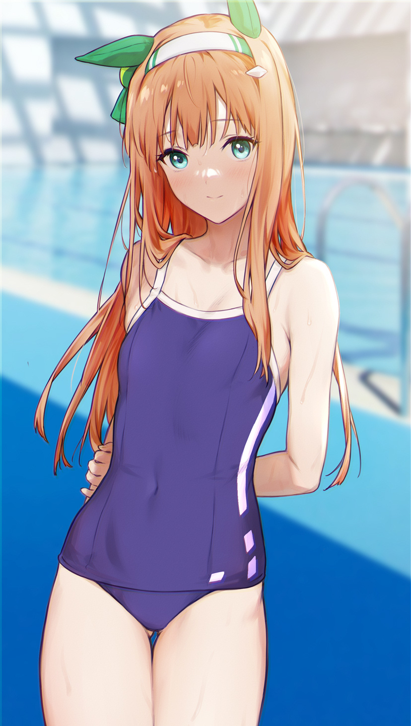 1girl animal_ears aqua_eyes arms_behind_back ass_visible_through_thighs bangs blue_swimsuit breasts eyebrows_visible_through_hair hairband highres horse_ears horse_girl long_hair looking_at_viewer one-piece_swimsuit orange_hair pool saboten school_swimsuit silence_suzuka_(umamusume) small_breasts solo swimsuit thigh_gap thighs umamusume water wet white_hairband