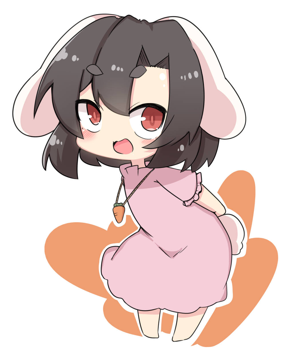 1girl :d animal_ears arms_behind_back bangs barefoot black_hair bunny_ears bunny_tail carrot_necklace dress eyebrows_visible_through_hair floppy_ears full_body highres inaba_tewi looking_at_viewer ooyama_bokuchi open_mouth outline pink_dress red_eyes short_eyebrows short_hair smile solo tail touhou white_outline