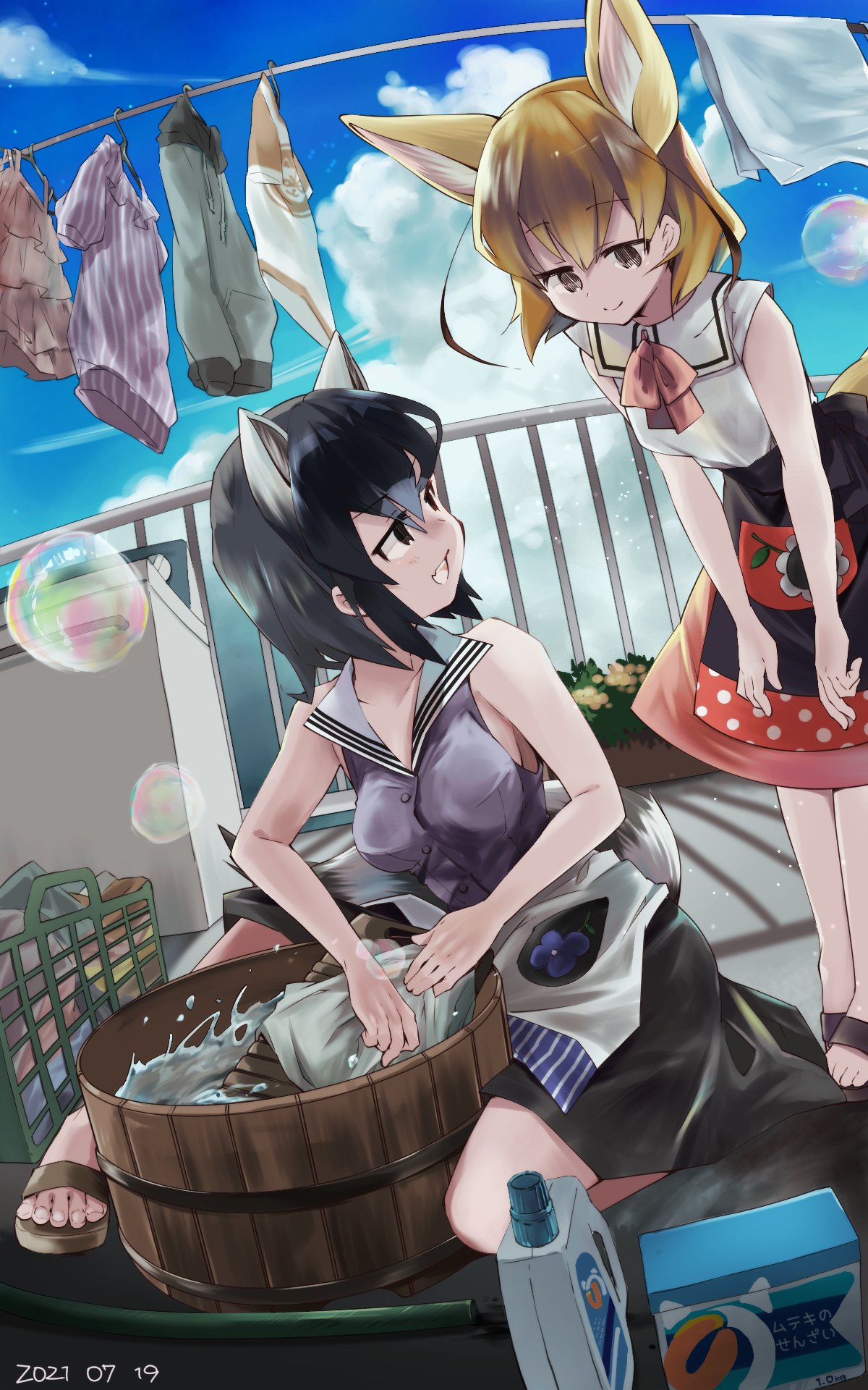 2girls alternate_costume animal_ears bare_shoulders black_hair black_skirt blonde_hair bow bowtie casual clothesline commentary_request common_raccoon_(kemono_friends) detergent extra_ears eyebrows_visible_through_hair fennec_(kemono_friends) fox_ears fox_girl fox_tail grey_hair hands_on_own_knees highres kemono_friends looking_at_another matching_outfit multicolored_hair multiple_girls nanana_(nanana_iz) purple_shirt raccoon_ears raccoon_girl raccoon_tail red_neckwear sailor_collar sandals shirt short_hair skirt sleeveless smile tail washing white_shirt