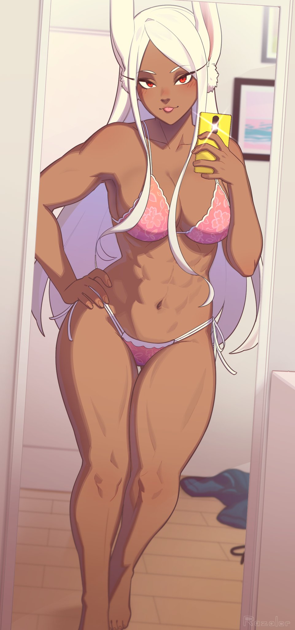 1girl abs animal_ears ass_visible_through_thighs bangs blush boku_no_hero_academia bra breasts bunny_ears cellphone cleavage collarbone commission dark-skinned_female dark_skin hand_on_hip highres holding holding_phone long_hair looking_at_mirror looking_at_viewer mirko mirror muscular muscular_female navel panties parted_bangs phone razalor red_eyes smartphone solo standing thigh_gap tongue tongue_out underwear white_hair