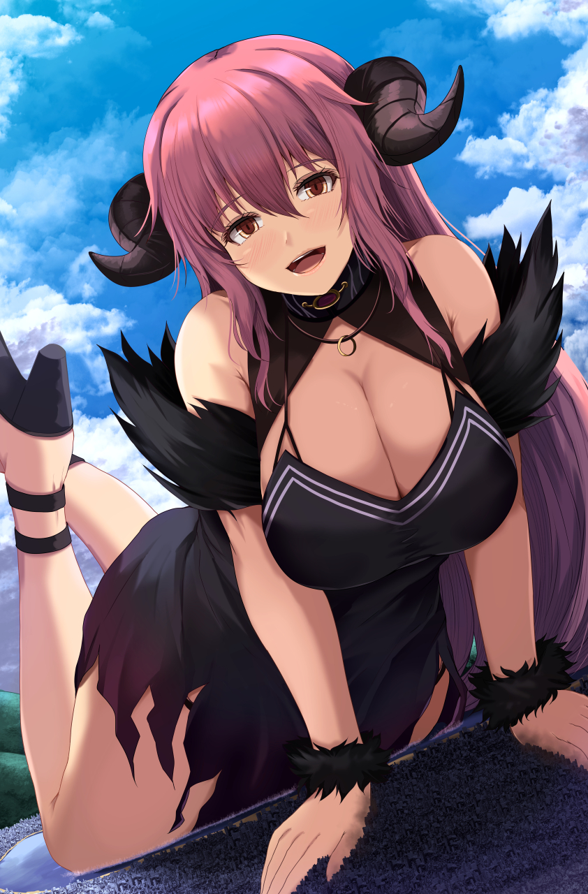 1girl :d all_fours arm_support bare_shoulders black_horns blue_sky breasts brown_eyes cleavage cloud cloudy_sky commentary_request day demon demon_girl demon_horns detached_sleeves eyebrows_visible_through_hair fur-trimmed_sleeves fur_trim giant giantess halter_dress halterneck hanging_breasts highres horns huge_breasts jewelry kanzaki_kureha legs_up long_hair looking_at_viewer necklace open_mouth original outdoors partial_commentary sidelocks sky smile solo strappy_heels upper_teeth very_long_hair wristband yellow_eyes