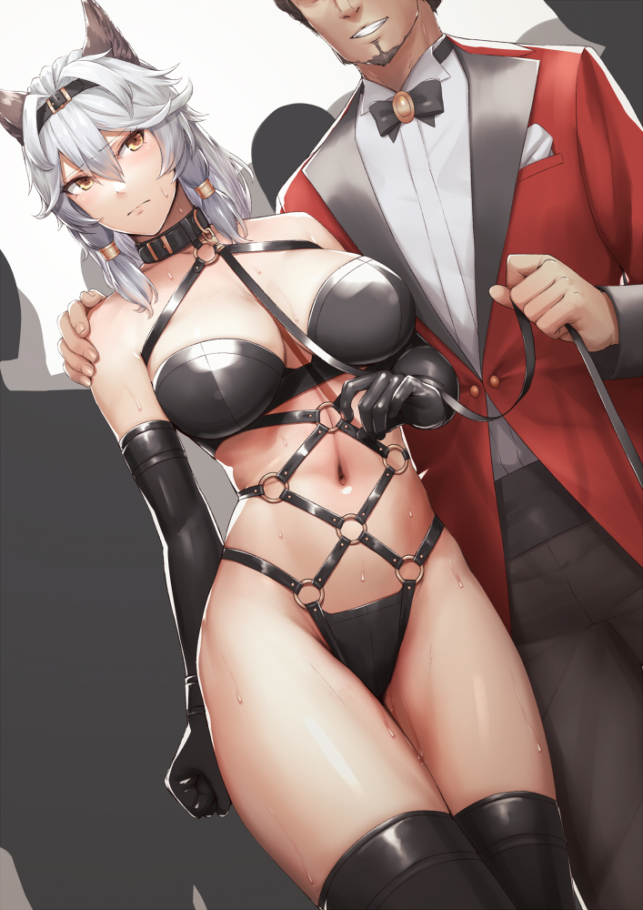 1boy 1girl animal_ears bang bare_shoulders beard black_collar black_gloves black_legwear blush bondage_outfit breasts brown_eyes closed_mouth coat collar cowboy_shot elbow_gloves erune facial_hair finger_gun formal gloves granblue_fantasy hair_ornament hand_on_another's_shoulder heles kageshio_(276006) large_breasts long_hair long_sleeves looking_at_another navel o-ring parted_lips red_coat silver_hair smile solo_focus suit sweat thighhighs thighs
