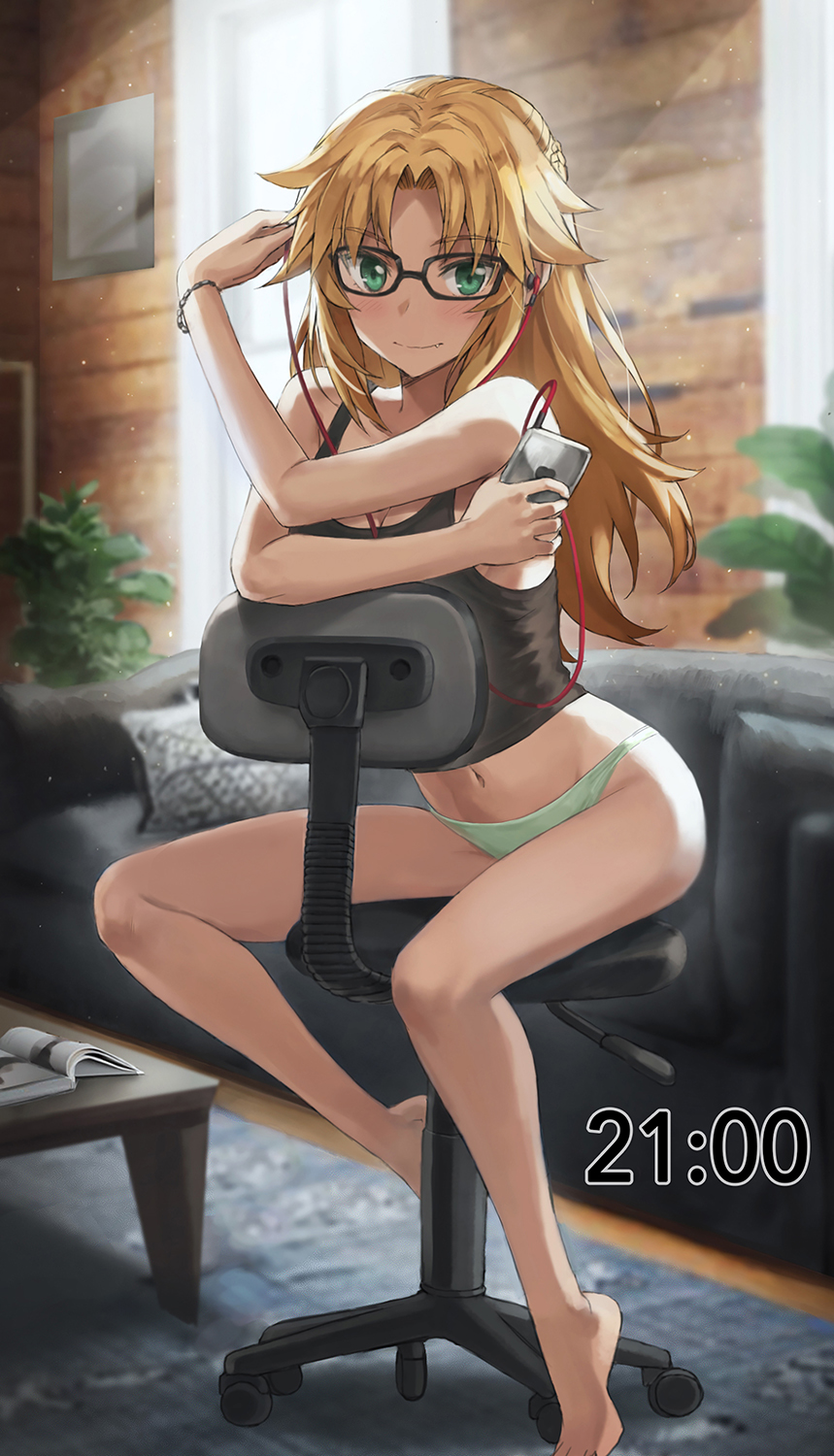 1girl bangs black_tank_top blonde_hair blush braid breasts chair digital_media_player earphones fate/apocrypha fate_(series) french_braid glasses green_eyes green_panties highres long_hair looking_at_viewer mordred_(fate) mordred_(fate)_(all) panties parted_bangs sidelocks sitting small_breasts smile solo tank_top tonee underwear