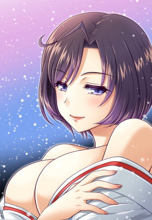1girl bare_shoulders black_hair blush breasts cleavage eyebrows_visible_through_hair jinno_sumire kuroda_akimi large_breasts lips lipstick looking_at_viewer makeup mature_female purple_eyes red_lips short_hair simple_background smile solo tsumamigui_3 upper_body