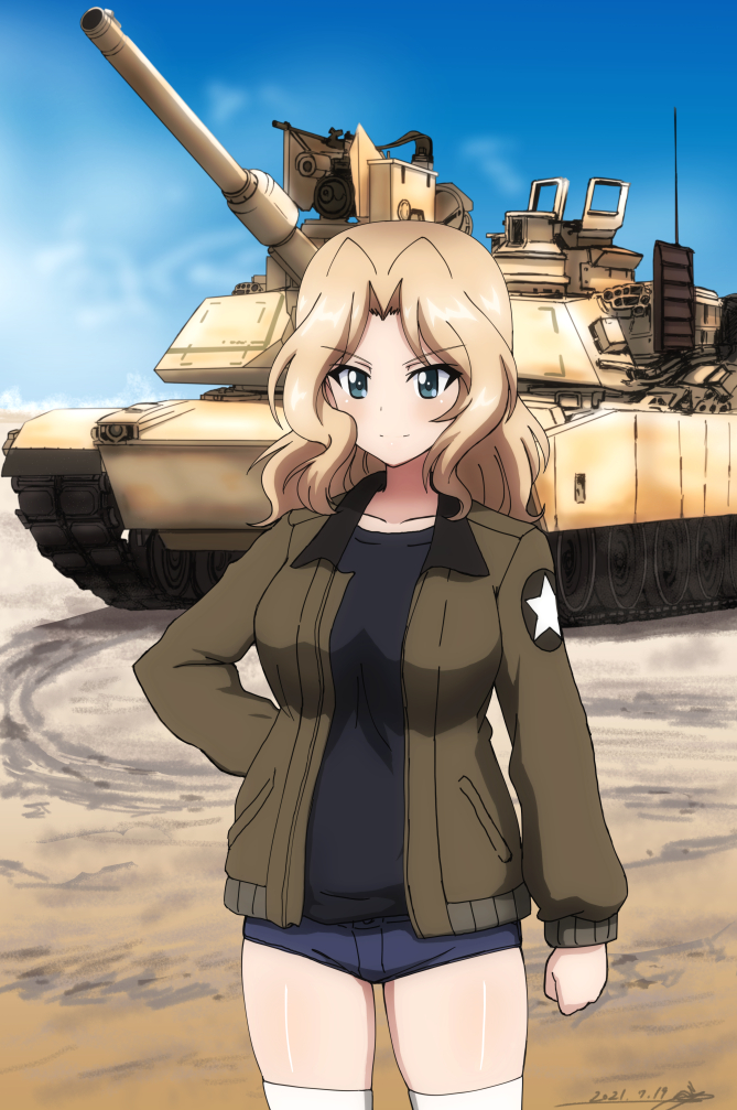 1girl arm_at_side black_shirt blonde_hair blue_eyes blue_sky bukkuri clenched_hand cloud commission denim denim_shorts girls_und_panzer ground_vehicle gun hair_intakes hand_on_hip kay_(girls_und_panzer) long_hair m1_abrams machine_gun military military_vehicle motor_vehicle sand shirt short_shorts shorts skeb_commission sky smile solo tank thighhighs thighs weapon white_legwear zettai_ryouiki