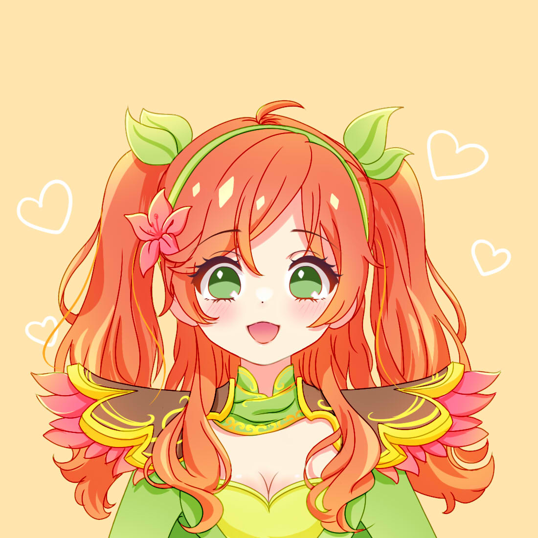 1girl :d antenna_hair bangs breasts cleavage defense_of_the_ancients dota_2 flower green_eyes hair_between_eyes hair_flower hair_ornament headband heart long_hair long_sleeves looking_at_viewer open_mouth orange_hair pink_flower portrait side_dish_meow simple_background smile solo twintails windranger_(dota) yellow_background
