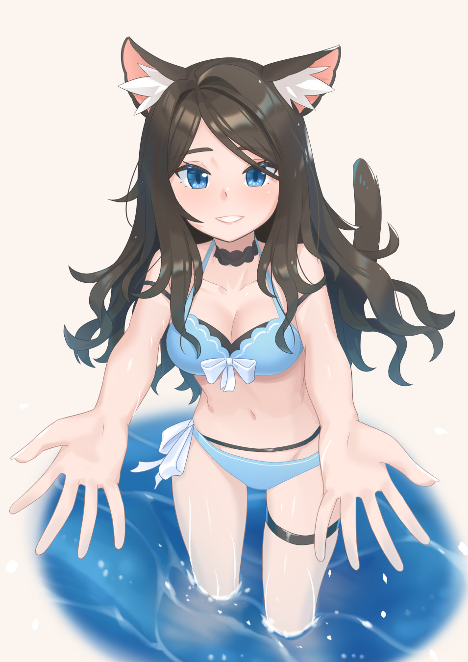 1girl animal_ear_fluff animal_ears bikini black_hair blue_bikini blue_eyes breasts cat_ears cat_girl cat_tail cleavage eyebrows highres leaning_forward long_hair looking_at_viewer navel nekoze_(s22834712) original outstretched_arms outstretched_hand side-tie_bikini smile solo swimsuit tail thigh_strap thighs tu_ya_(nekoze) wading water