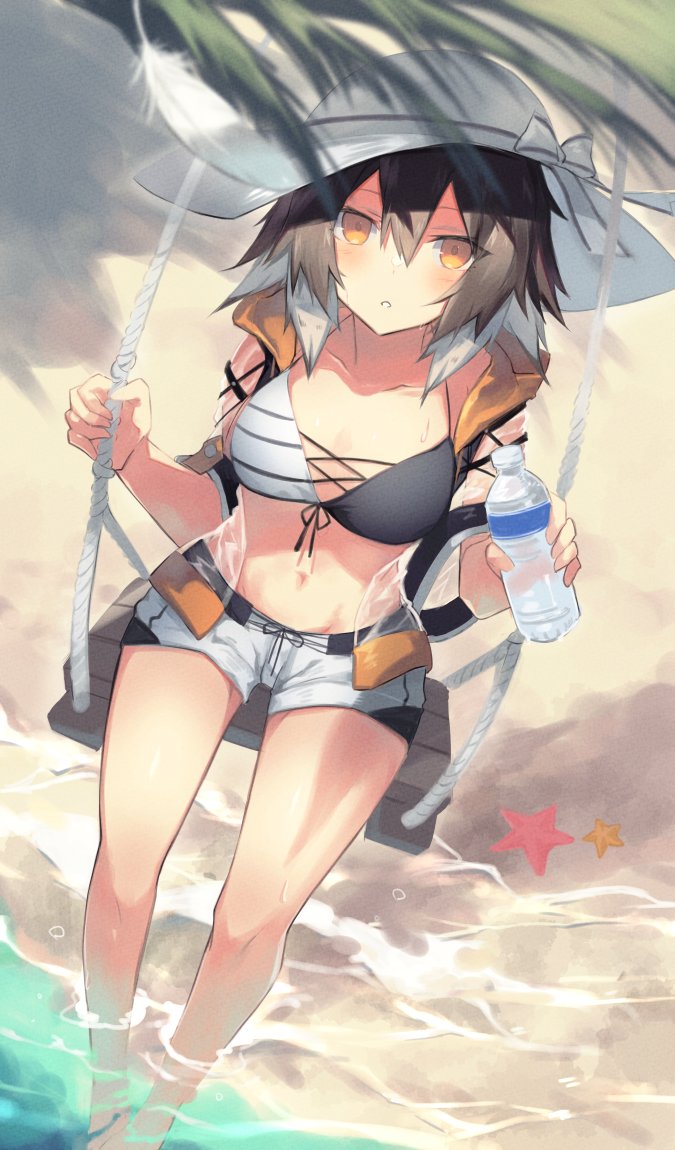 1girl arknights bangs beach bikini black_bikini black_swimsuit blush bottle bow breasts brown_hair brown_headwear cleavage collarbone commentary_request feet_out_of_frame hair_between_eyes hat hat_bow holding holding_bottle long_hair looking_at_viewer midriff multicolored_hair navel parted_lips partially_submerged plume_(arknights) sasa_onigiri short_shorts shorts sitting sketch small_breasts solo starfish sun_hat swimsuit swing swinging tree_branch two-tone_bikini two-tone_hair two-tone_swimsuit water water_bottle white_bikini white_hair white_headwear white_swimsuit yellow_eyes