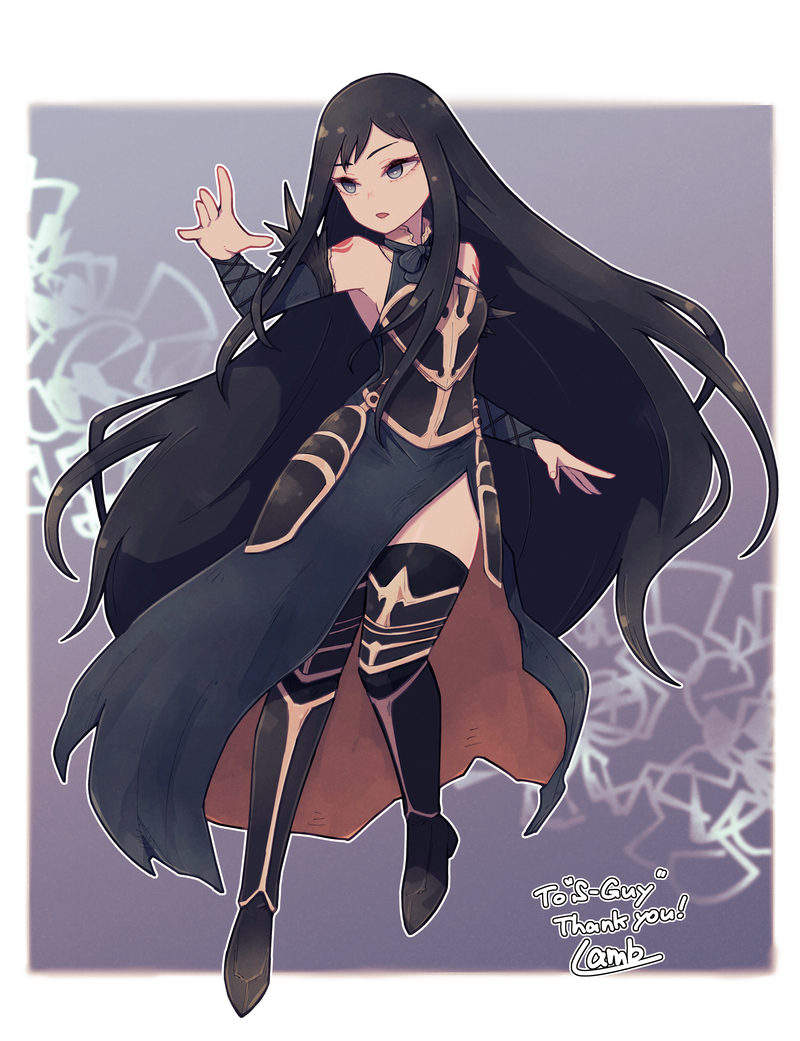 1girl bare_shoulders black_dress black_hair black_legwear border bright_pupils castlevania:_harmony_of_despair dress full_body grey_eyes hand_up lamb-oic029 long_hair parted_lips shanoa signature solo thank_you thighhighs white_border white_pupils