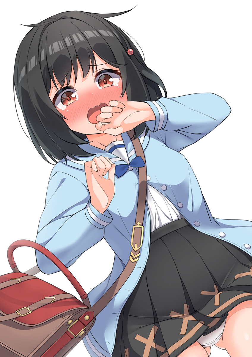 1girl ass_visible_through_thighs bag bangs black_hair black_skirt blue_jacket blue_sailor_collar blush breasts chaostein commentary_request dutch_angle eyebrows_visible_through_hair granblue_fantasy hands_up highres jacket long_sleeves looking_at_viewer nose_blush open_mouth panties pleated_skirt red_eyes sailor_collar shirt shoulder_bag simple_background skirt small_breasts solo underwear vikala_(granblue_fantasy) wavy_mouth white_background white_panties white_shirt