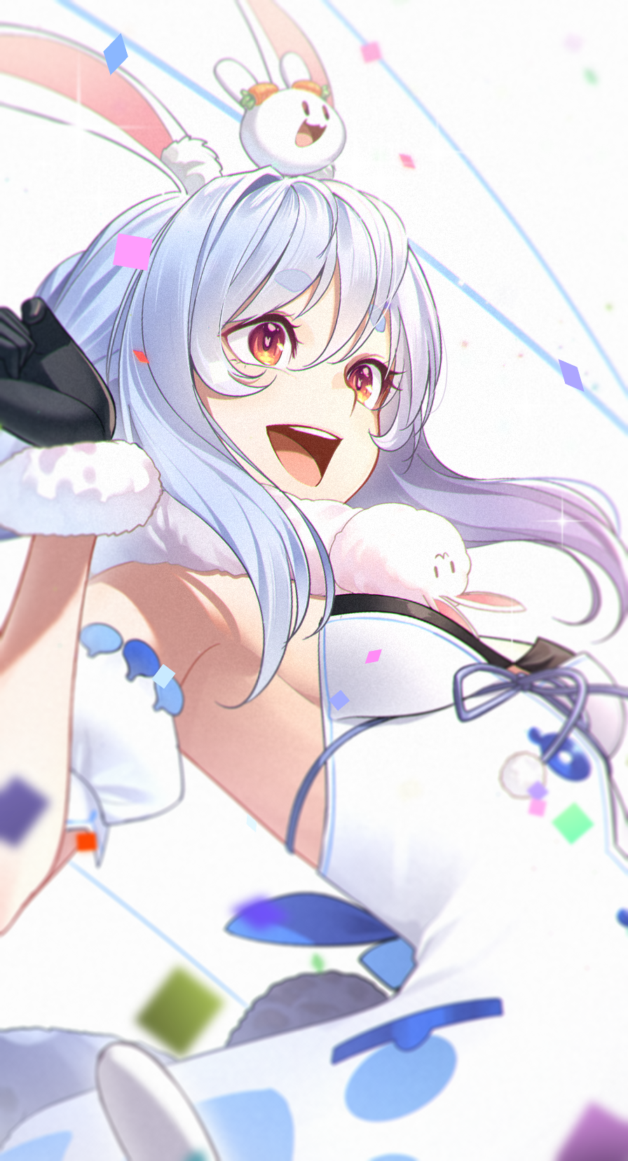 1girl :3 :d animal_ear_fluff animal_ears bangs black_gloves blue_hair blue_ribbon blurry blurry_foreground breasts bunny-shaped_pupils bunny_ears bunny_tail clenched_hand commentary confetti creature depth_of_field detached_sleeves don-chan_(usada_pekora) dress eyebrows_visible_through_hair floating_hair fur-trimmed_gloves fur_trim gloves hair_between_eyes hand_up highres hikimayu hololive long_hair looking_away manamachii nousagi_(usada_pekora) open_mouth orange_eyes pocket pom_pom_(clothes) puffy_short_sleeves puffy_sleeves rabbit_girl ribbon short_eyebrows short_sleeves sidelocks small_breasts smile sparkle strapless strapless_dress tail thick_eyebrows upper_teeth usada_pekora virtual_youtuber white_background white_dress