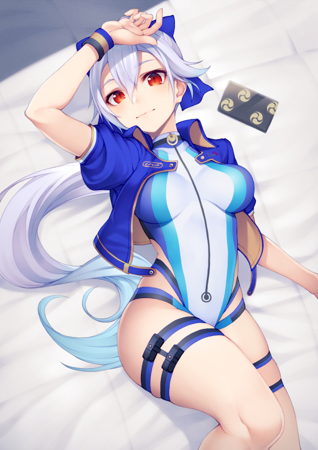1girl bangs banned_artist blue_bow blue_jacket blue_swimsuit bow breasts fate/grand_order fate_(series) hair_between_eyes hair_bow highleg highleg_swimsuit jacket kyoeiki large_breasts long_hair looking_at_viewer one-piece_swimsuit open_clothes open_jacket ponytail red_eyes short_sleeves silver_hair swimsuit thigh_strap thighs tomoe_gozen_(fate) tomoe_gozen_(swimsuit_saber)_(fate) two-tone_swimsuit white_swimsuit