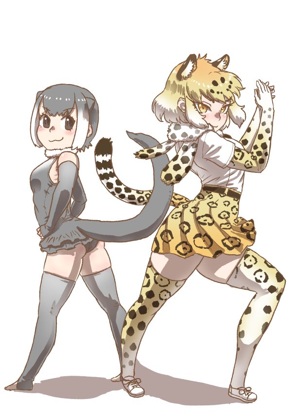 2girls :3 animal_ears ass bangs bare_shoulders belt black_eyes black_hair blonde_hair cat_girl clapping closed_mouth colored_inner_hair commentary_request dancing elbow_gloves extra_ears eyebrows_visible_through_hair eyelashes fingerless_gloves flamenco floating_hair full_body fur_collar fur_scarf gloves grey_hair grey_swimsuit hands_on_hips hands_up jaguar_(kemono_friends) jaguar_ears jaguar_girl jaguar_print jaguar_tail kemono_friends kishida_shiki looking_at_viewer looking_back medium_hair microskirt multicolored_hair multiple_girls one-piece_swimsuit otter_ears otter_tail own_hands_together print_legwear print_scarf print_skirt scarf shirt short_hair short_sleeves sidelocks skirt small-clawed_otter_(kemono_friends) smile standing swimsuit tail thighhighs toeless_legwear tsurime twisted_torso two-tone_hair white_hair white_shirt yellow_eyes zettai_ryouiki