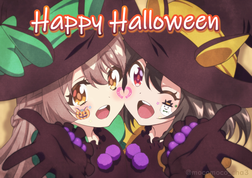 2girls ;d bangs black_dress black_gloves black_hair black_headwear braid brown_eyes brown_hair cheek-to-cheek commentary crown_braid dress english_text facial_tattoo ghost gloves halloween halloween_costume happy_halloween hat heads_together horse_girl jack-o'-lantern kitasan_black_(umamusume) long_hair looking_at_viewer multiple_girls one_eye_closed open_mouth puffy_short_sleeves puffy_sleeves reaching_out red_eyes satono_diamond_(umamusume) short_sleeves smile symmetrical_hand_pose tattoo tsuji_tomoko twitter_username umamusume witch_hat