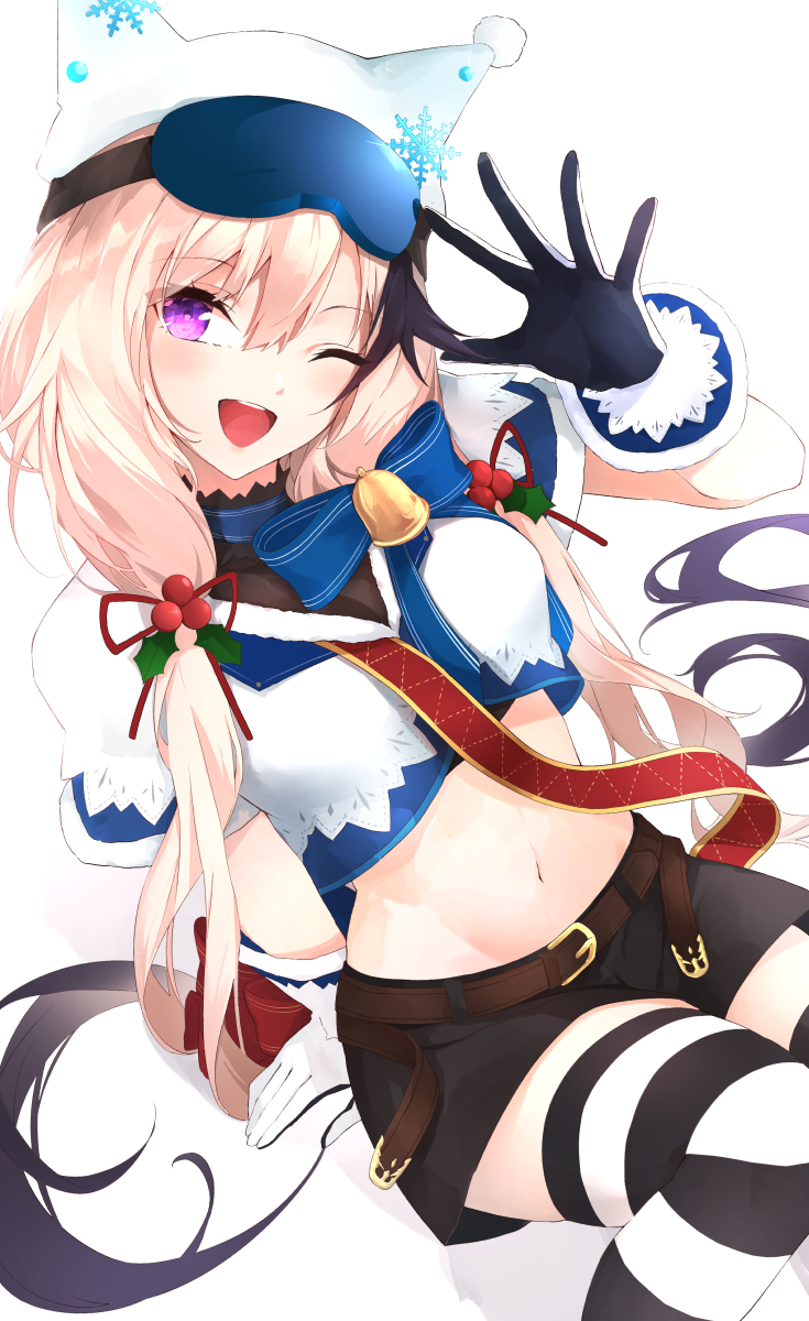 1girl ankoro_mochi arknights black_gloves black_shorts blonde_hair cardigan_(arknights) cardigan_(cheerful_guardian)_(arknights) crop_top gloves hair_between_eyes hair_ornament hat highres holly_hair_ornament long_hair looking_at_viewer low_twintails midriff navel official_art one_eye_closed open_mouth purple_eyes shirt short_shorts shorts ski_goggles smile solo striped striped_legwear thighhighs twintails two-tone_gloves waving white_headwear white_shirt